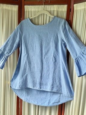 Crown Linen Designs Blue 100% Linen Tunic Top Ruffle Bell Sleeves size S